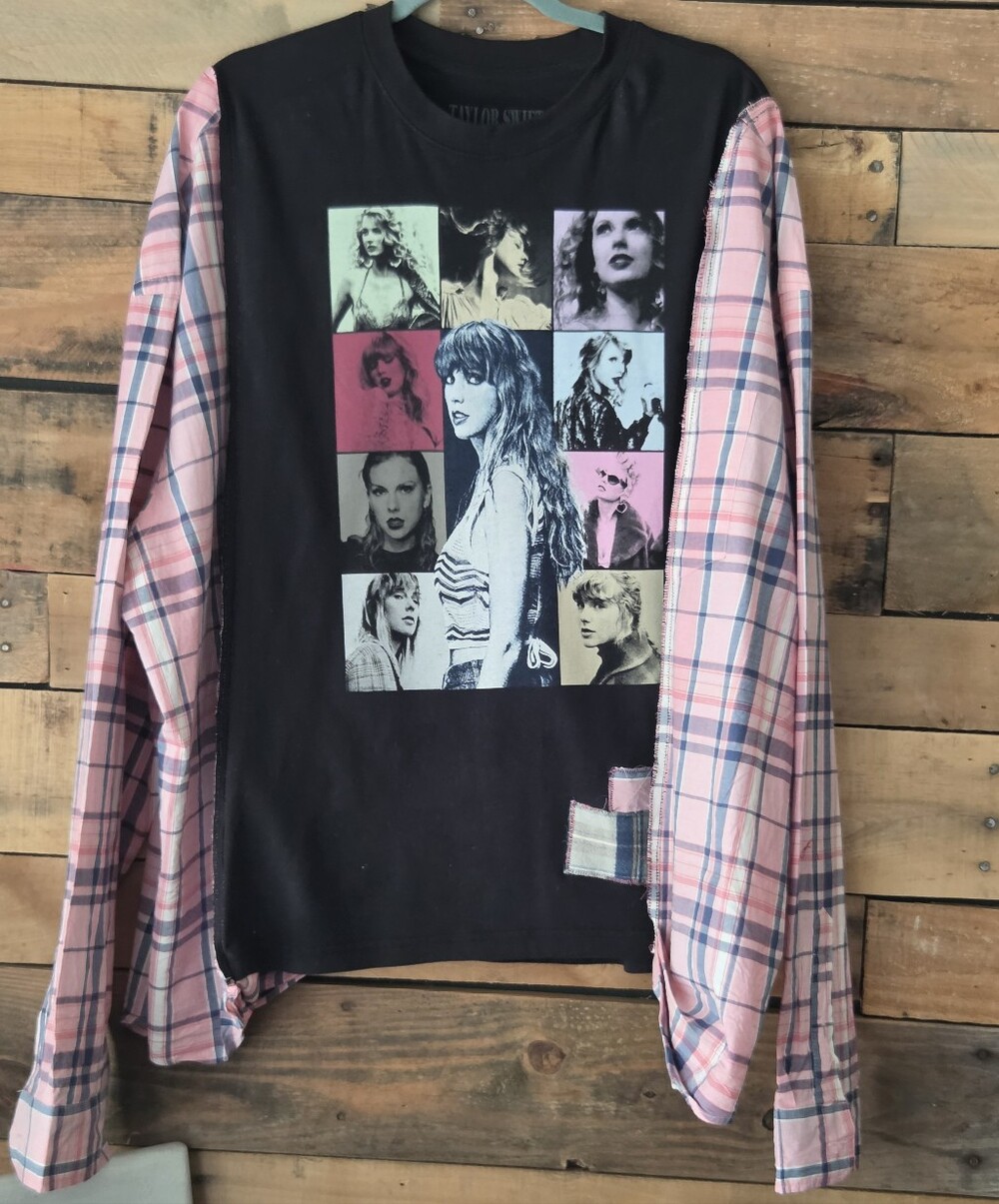 Upcycled Taylor Swift Black Graphic Shirt with Pink Plaid Sleeves